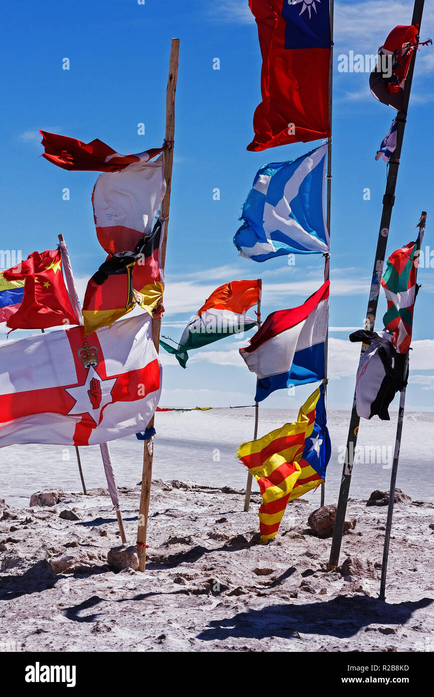 International flags on the salar de Uyuni( Uyuni salt flats) , Bolivia, South America Stock Photo