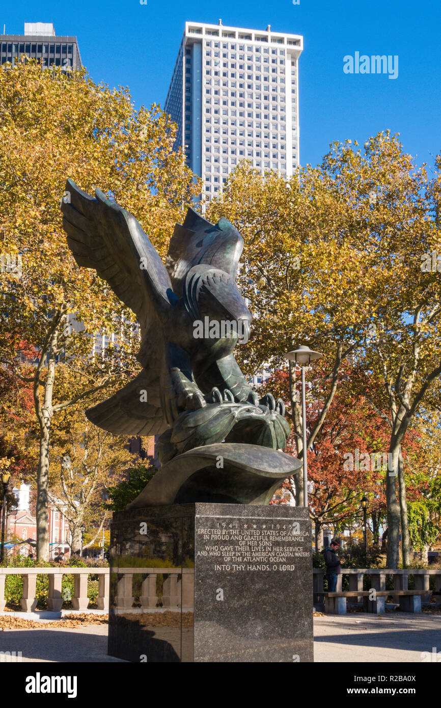 Bronze Eagle and Wreath Statue, East Coast War Memorial, Battery Park, New York City, USA Stock