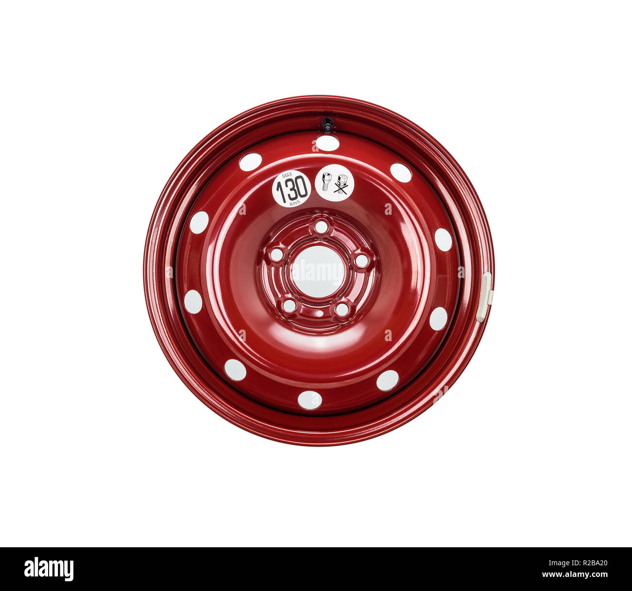 Steel wheel rim close up in red color. Isolated on a white background with a clipping path Stock