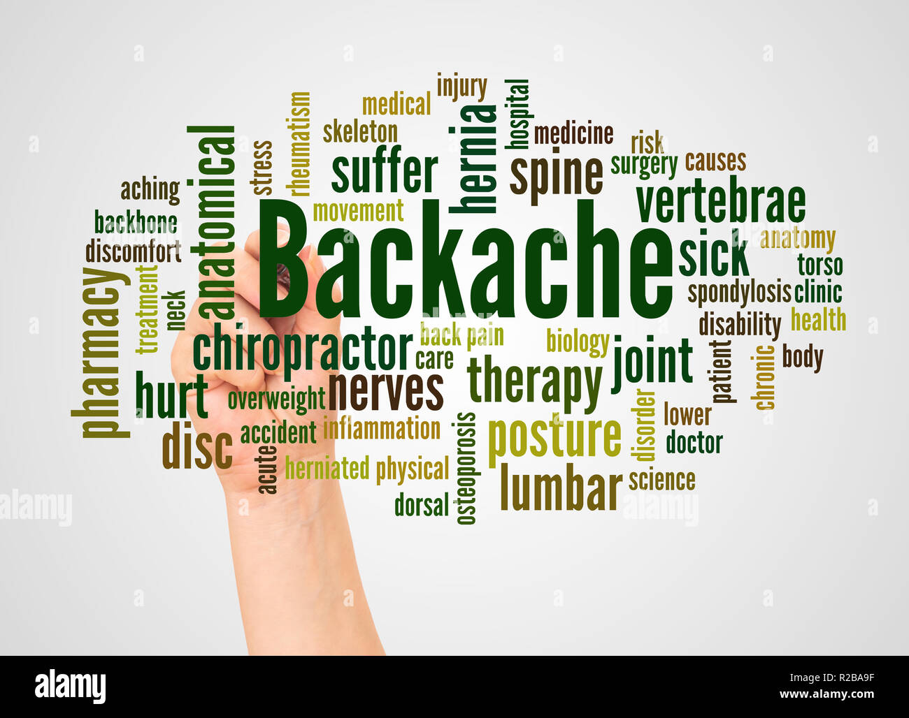 Hackache Backache word cloud and hand with marker concept on white background ...