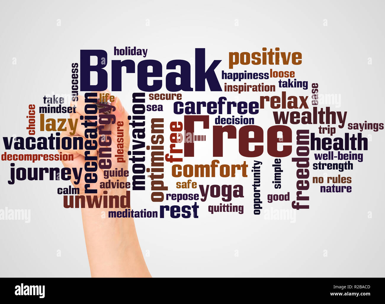 Break Free word cloud and hand with marker concept on white background. Stock Photo