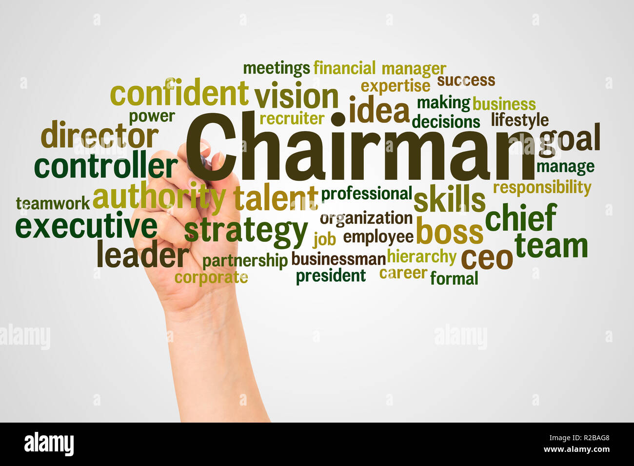 Chairman word cloud and hand with marker concept on white background