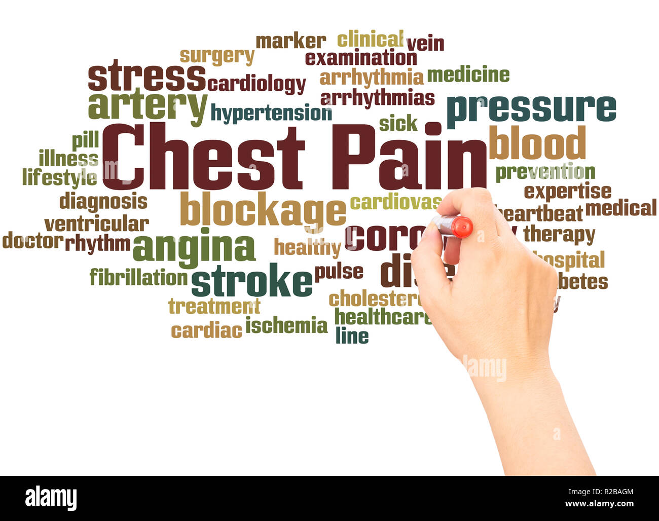 Chest pain word cloud hand writing concept on white background Stock