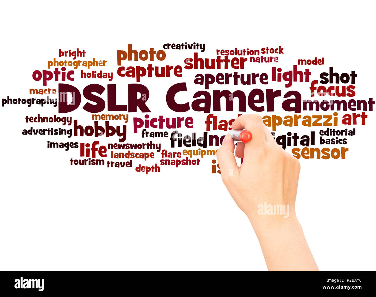 DSLR Camera word cloud hand writing concept on white background Stock