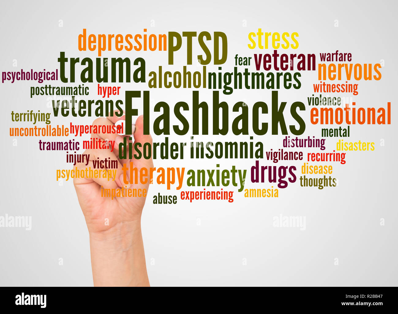 Flashbacks word cloud and hand with marker concept on white background