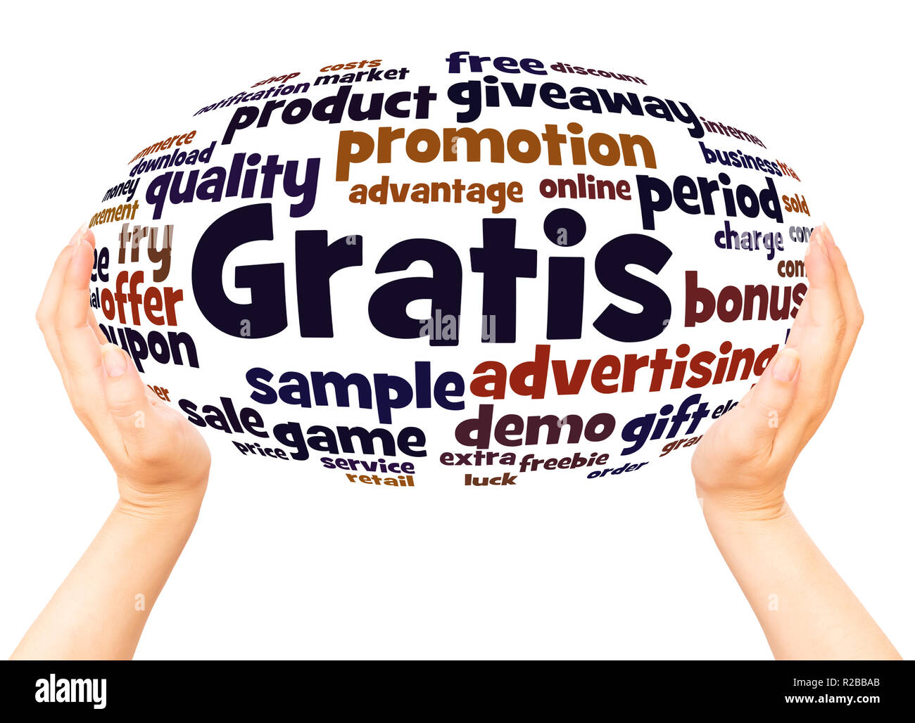 Gratis word cloud hand sphere concept on white background. Stock Photo