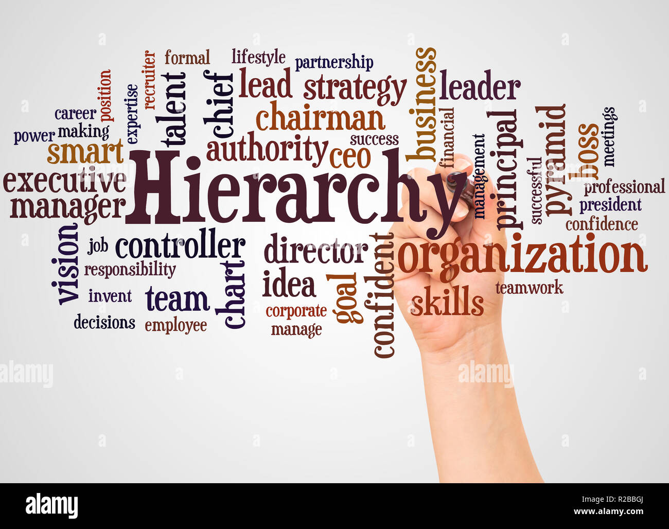 Hierarchy Word Cloud And Hand With Marker Concept On White