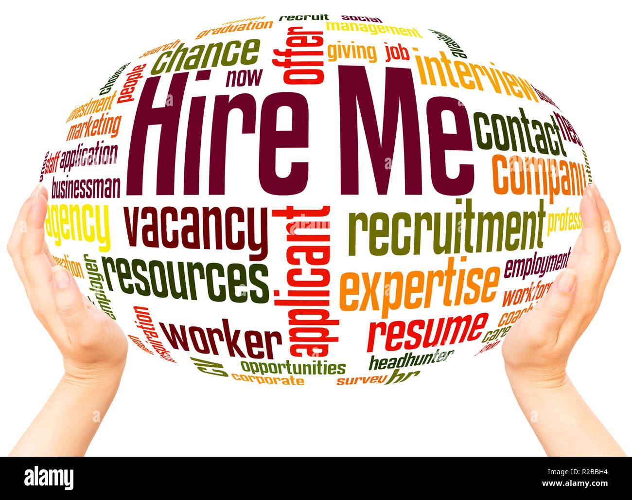 Hire Me word cloud hand sphere concept on white background. Stock Photo