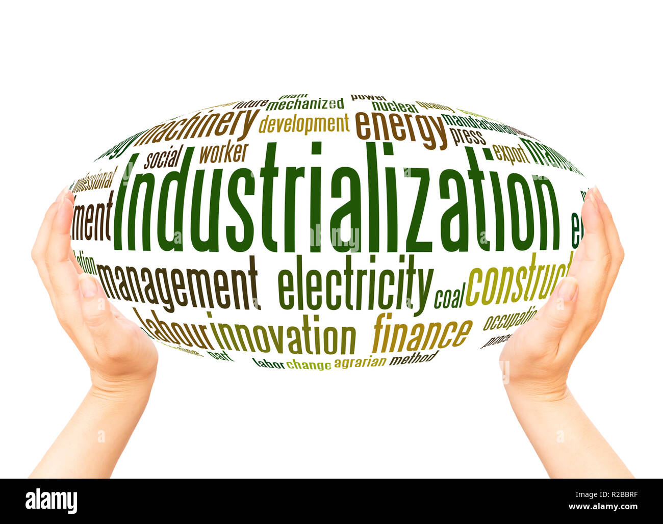 Industrialization word cloud hand sphere concept on white background. Stock Photo