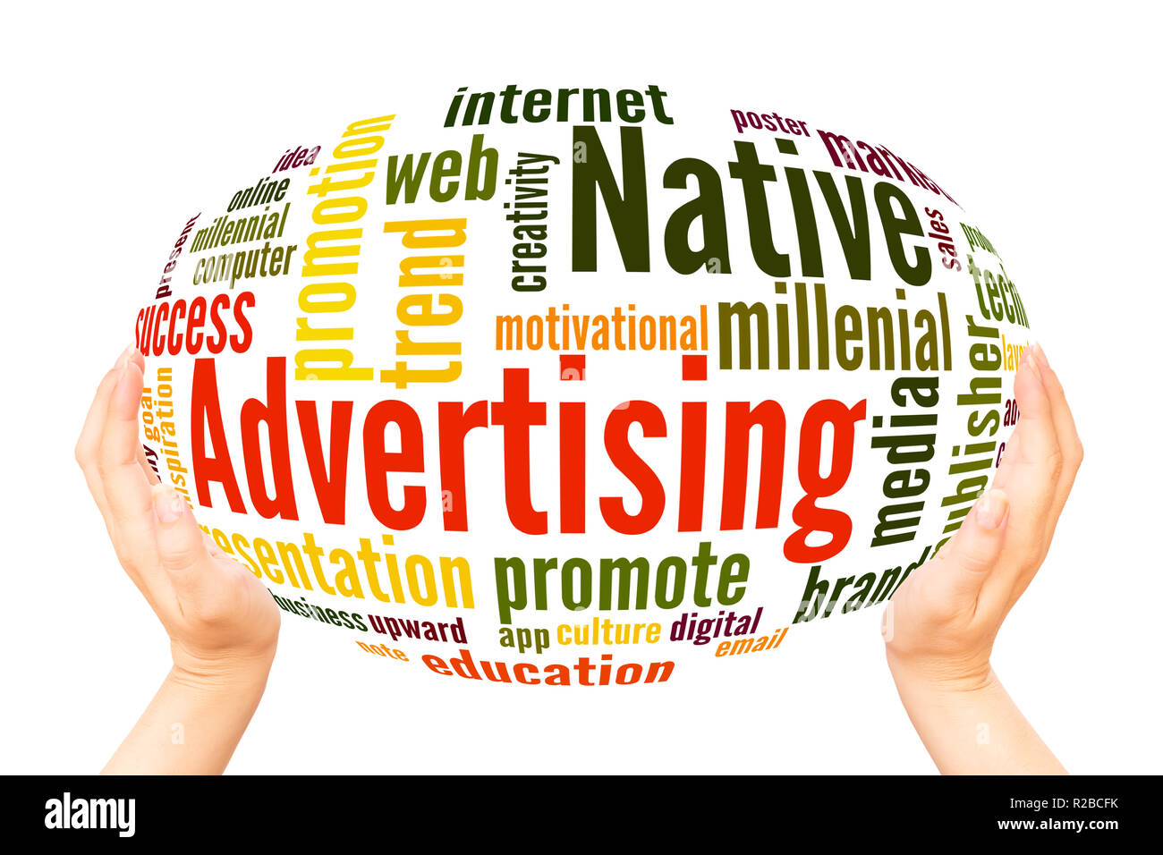 Native Advertising word cloud hand sphere concept on white background. Stock Photo