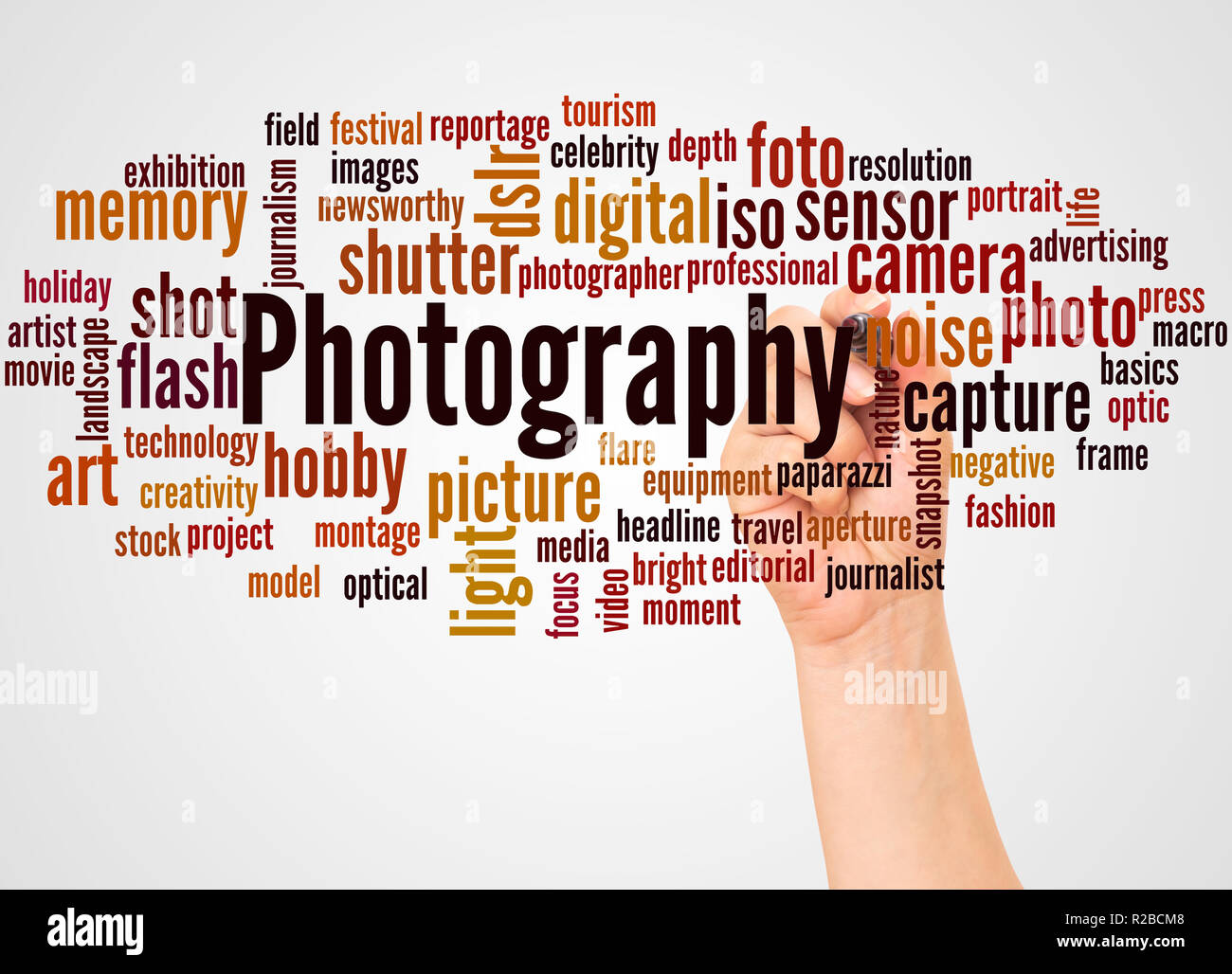 Photography word cloud and hand with marker concept on white background