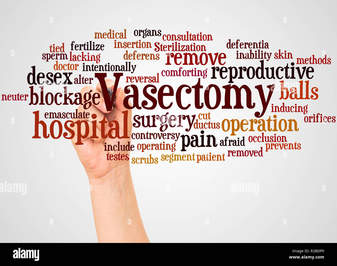 Vasectomy word cloud and hand with marker concept on white background. Stock Photo