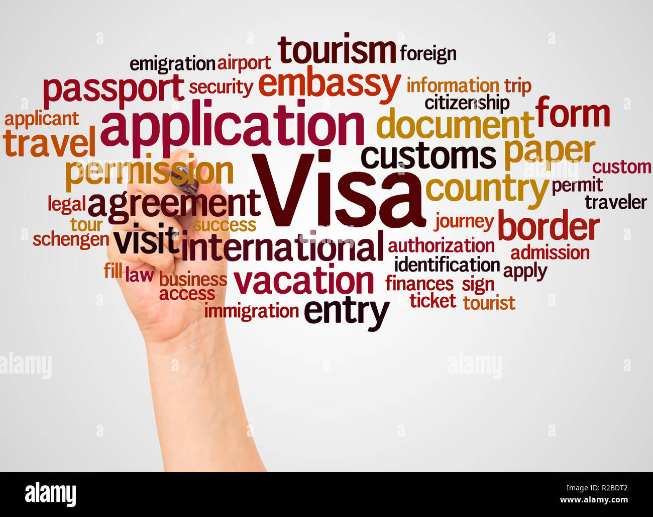 Visa Application word cloud and hand with marker concept on white background. Stock Photo