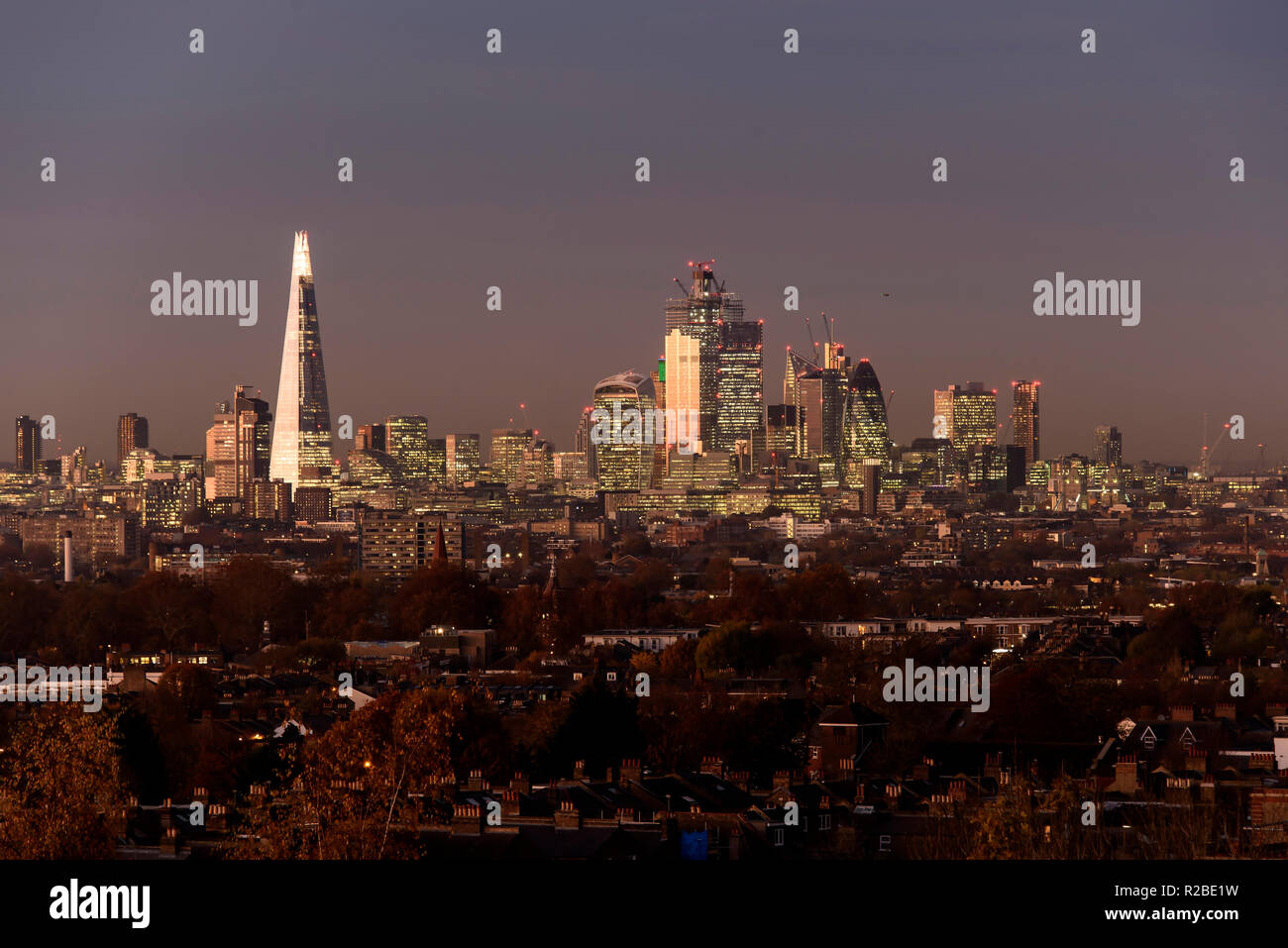 London City Skyline at Dusk, England. Stock Photo