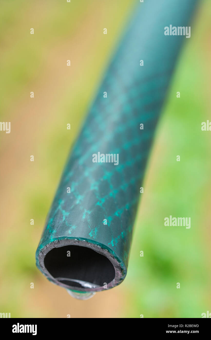 Braided PVC garden hosepipe against dry vegetable garden, veggie patch