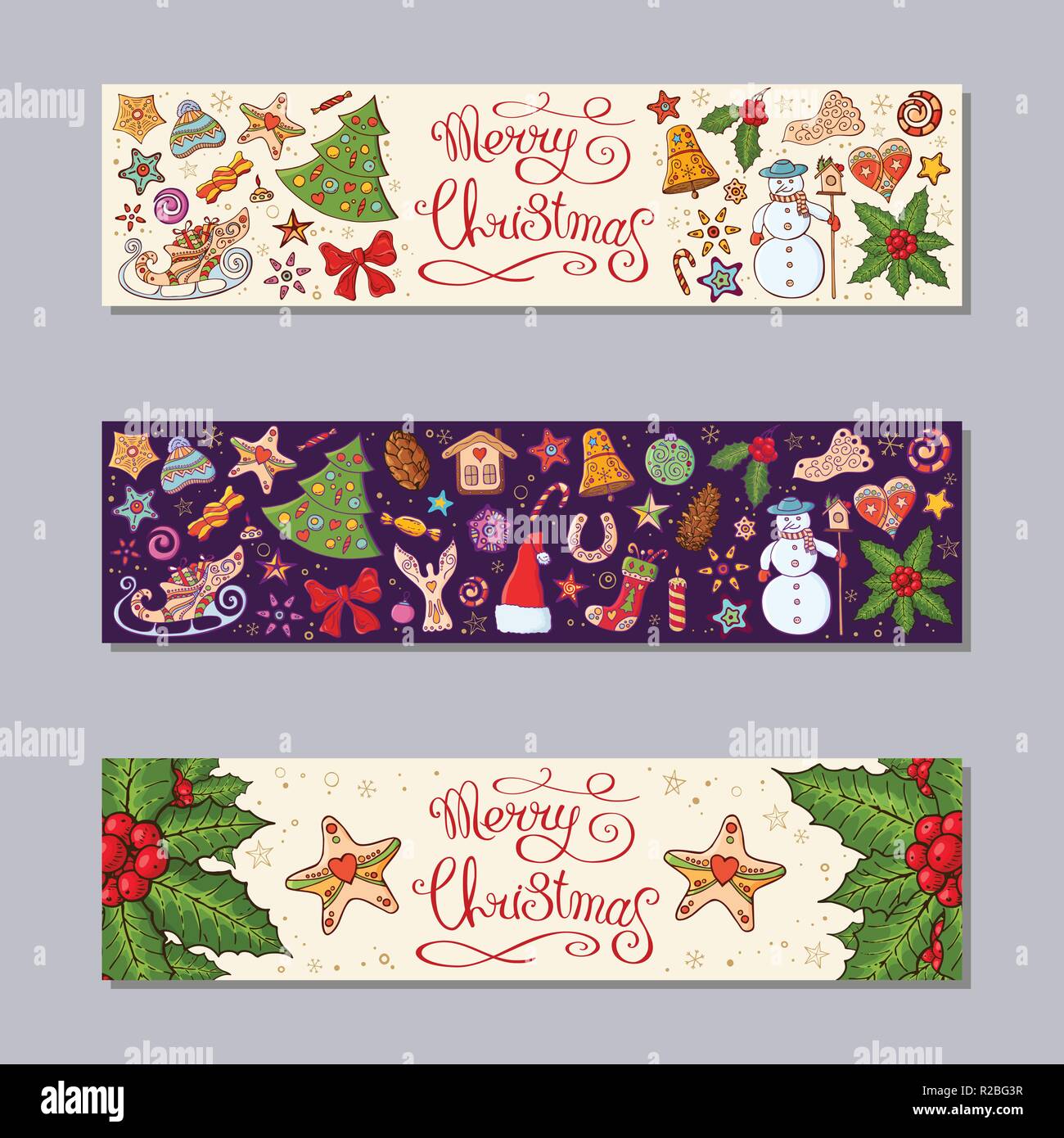 Merry Christmas horizontal banners set with festive elements and ...