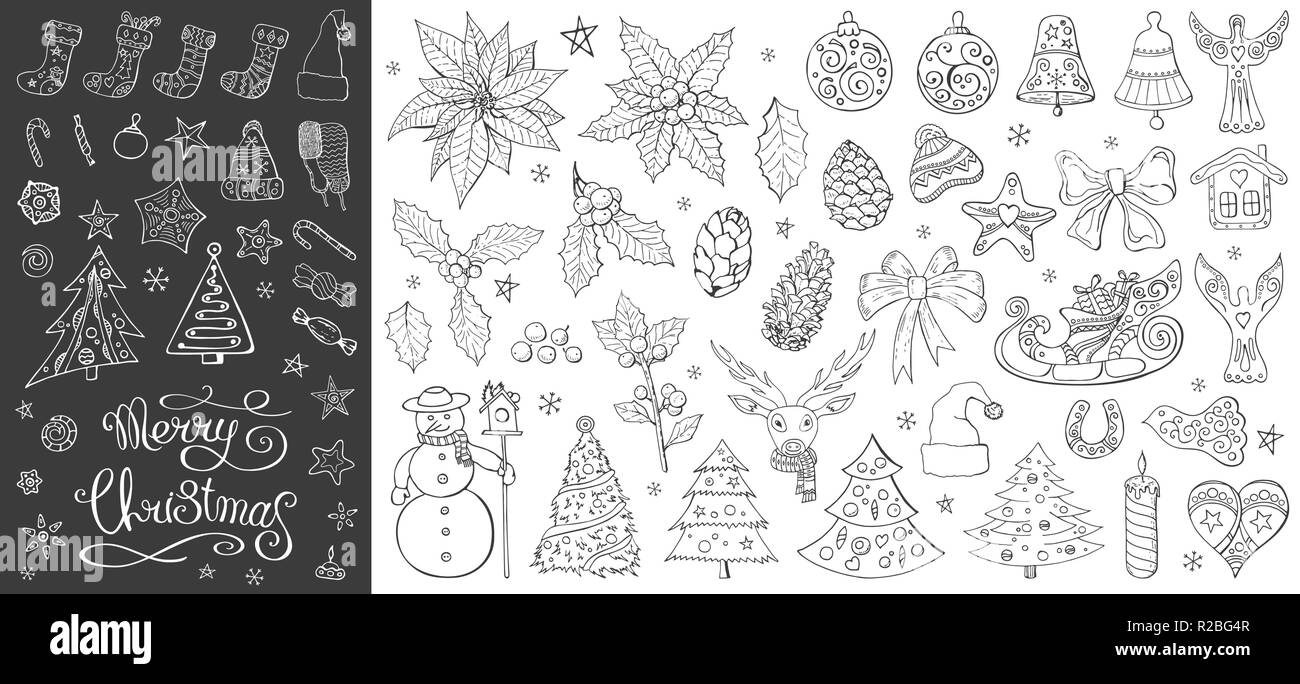 Big set with vintage Christmas decoration. Festive elements and symbols for new year season design. Isolated on white background. Monochrome, contour. Stock Vector