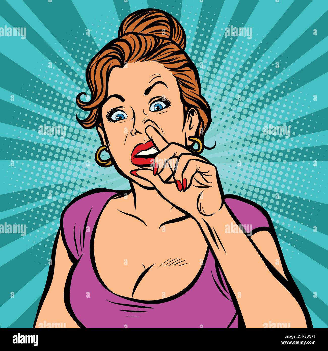 Woman picking nose. Comic cartoon pop art retro vector illustration drawing Stock Vector