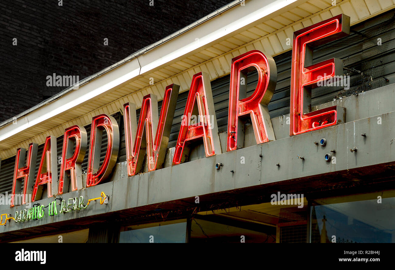 Downtown Neon Hardware Store Sign Stock Photo Alamy