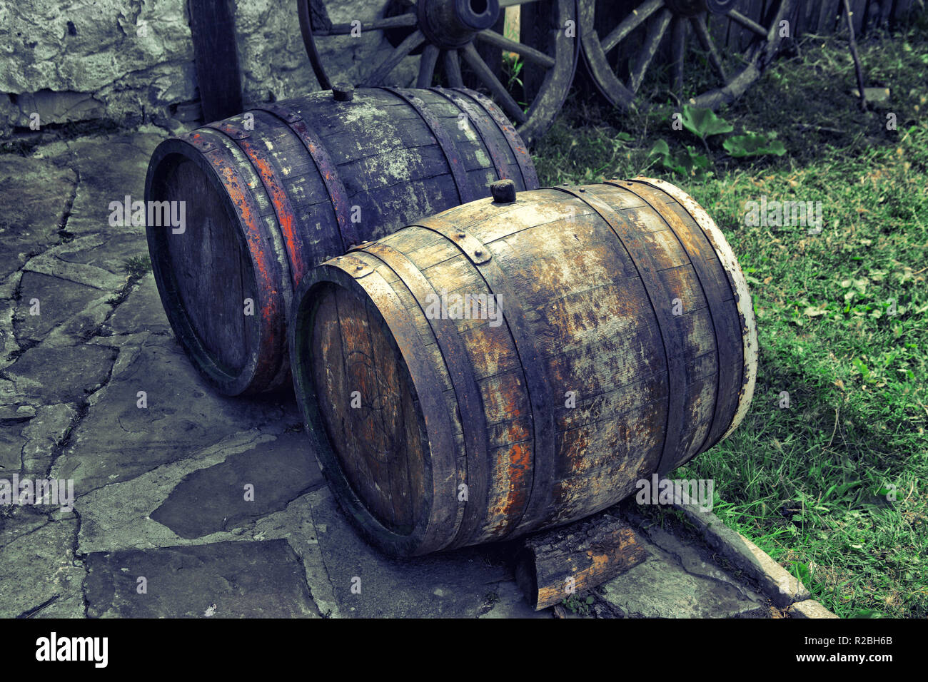 old oak beer barrels outside in Bulgaria Stock Photo Alamy