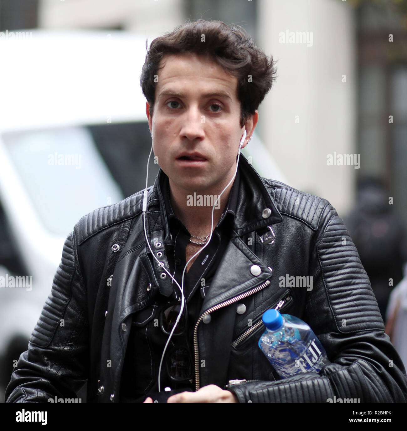 Pic shows:  DJ Nick Grimshaw spotted near BBC today all clad in biker's leather  pic by Gavin Rodgers/Pixel8000 Stock Photo
