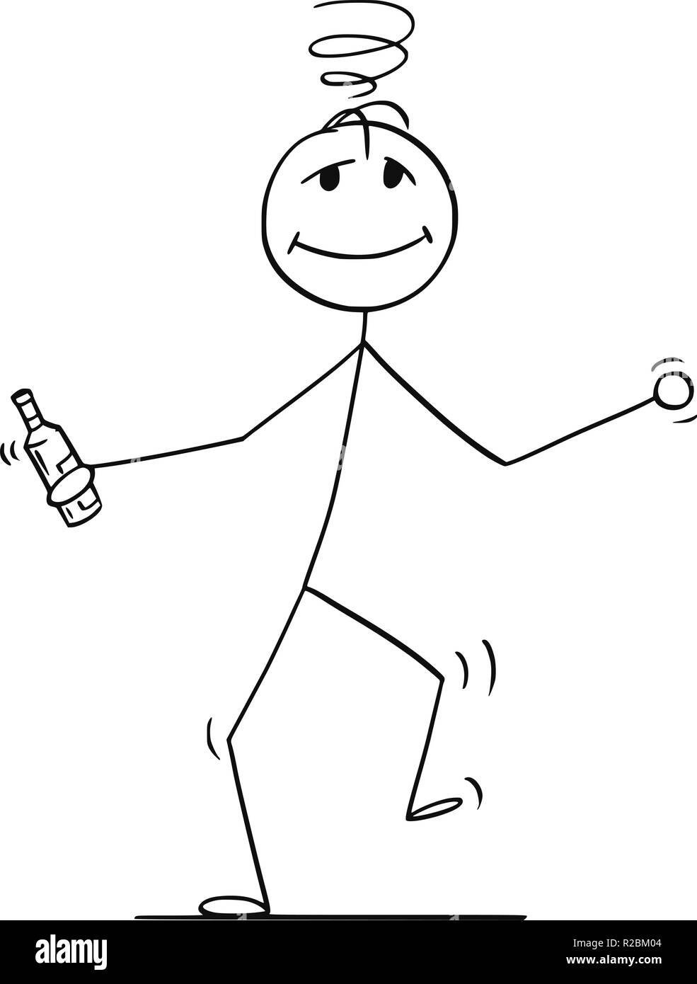 Cartoon of Drunk Man Walking or Dancing With Bottle Stock Vector