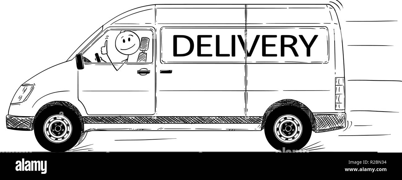 Cartoon of Driver of Generic Van With Delivery Text Showing Thumbs Up Stock Vector
