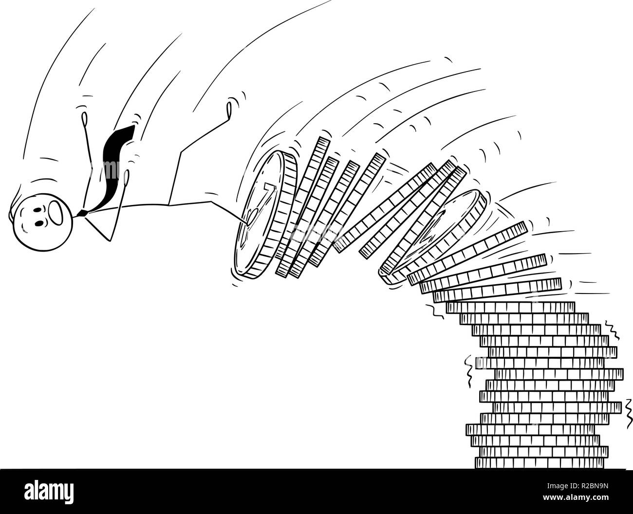 Cartoon of Man or Businessman Falling From Pile of Coins Stock Vector