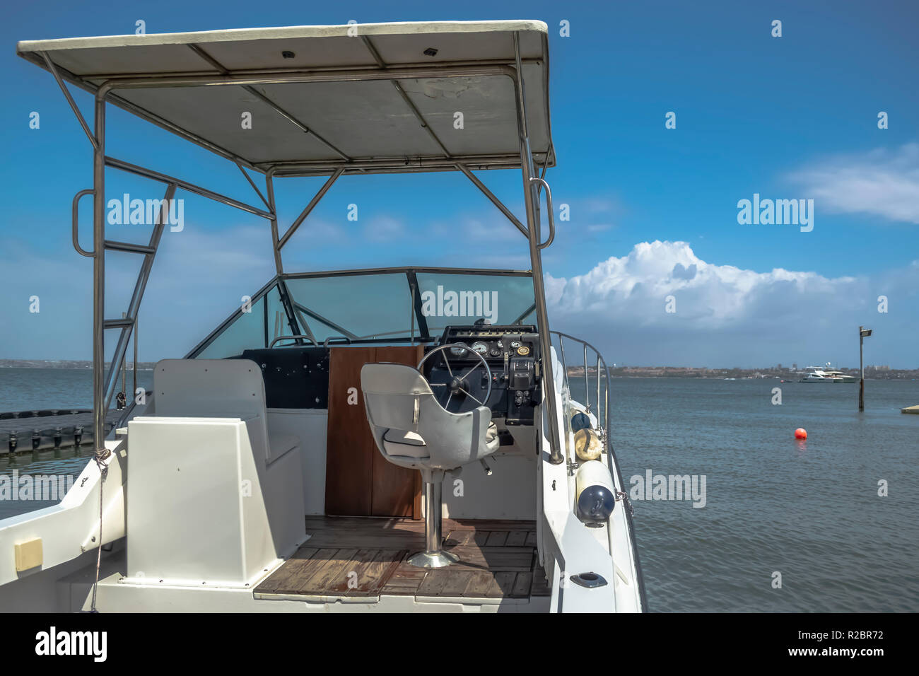 General exterior view of private recreational boat, parked at the beach