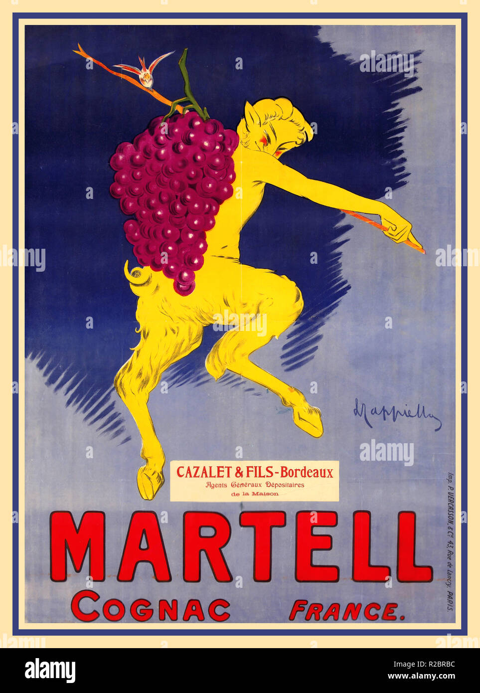 Vintage Cappiello Poster 1905 for French Cognac Martell France Agents Cazalet & Fils-Bordeaux Vertical French wine and spirits poster featuring a yellow satyr (half man/ half goat) carrying a bunch of grapes Historic Vintage Drink Drinks Alcohol Spirits Advertising Stock Photo