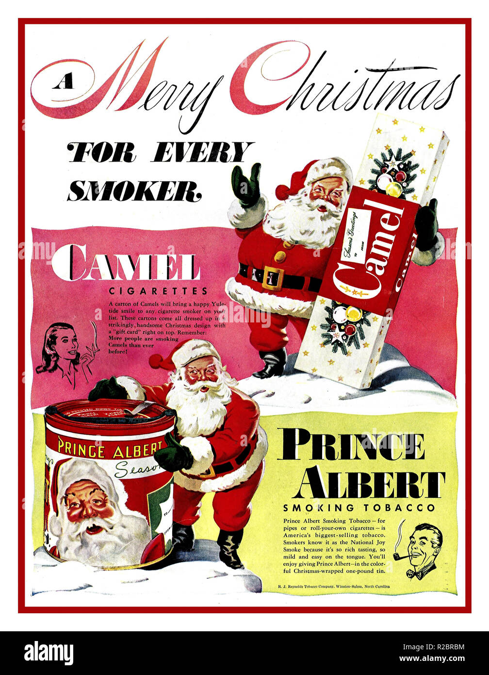 1947 Vintage Magazine Advertisement for CAMEL Cigarettes and PRINCE ALBERT smoking Tobacco Tins. 'A Merry Christmas for every smoker' Stock Photo