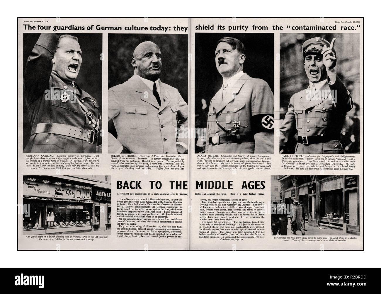 NAZI PERSECUTION PRE- WAR UK NEWS ARTICLE 1938.. Illustrated Newspaper article on German Culture and the Nazi Party. Leading Nazis featured L-R are Hermann Goering, Julius Streicher, Adolf Hitler and Paul Goebbels. Pre WW2 World War WW2 II article highlighting the increasing violent anti-semitic persecution of German Jews by the NSDAP /Nazi Party such as the Kristallnacht pogrom represented by the four leading Nazis featured... 'Picture Post' Great Britain Nov 26th 1938 Stock Photo