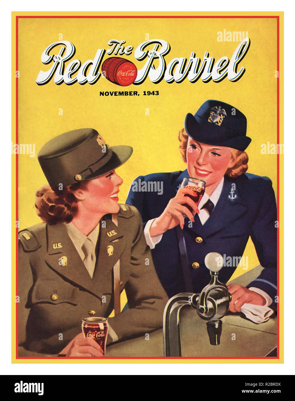 WW2 American Vintage Propaganda Advertising.. Service Women drinking Coca Cola wearing uniforms of US Army and  US Navy featuring on front cover of The Red Barrel, published by The Coca Cola Company “to develop and promote a higher coordination of the forces which make ‘Coca Cola’ an institution...”World War II Advertising Promotion November 1943 Stock Photo