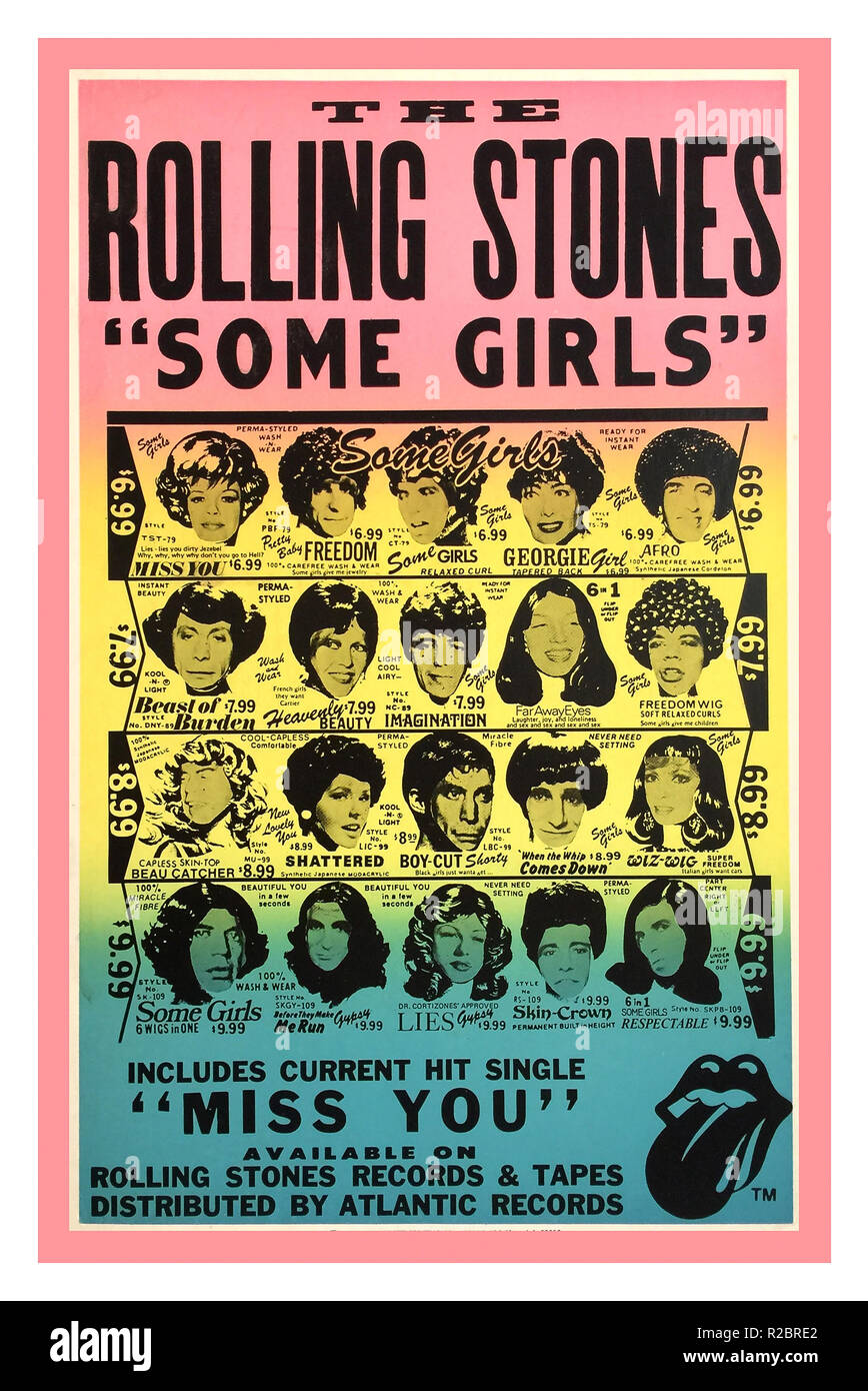 Vintage 1978 ROLLING STONES  'SOME GIRLS'  US PROMO POSTER. An original poster US promo for 'Some Girls' Printed by 'Colby Poster Printing'. Some Girls is the 14th British and 16th American studio album by the Rolling Stones, released in 1978 on Rolling Stones Records Stock Photo