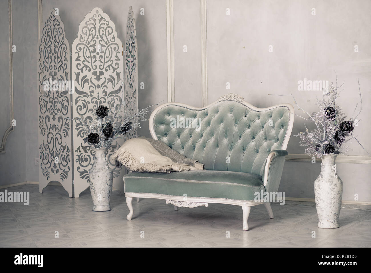 Interior With Vintage Furniture Retro Beautiful Grey Sofa