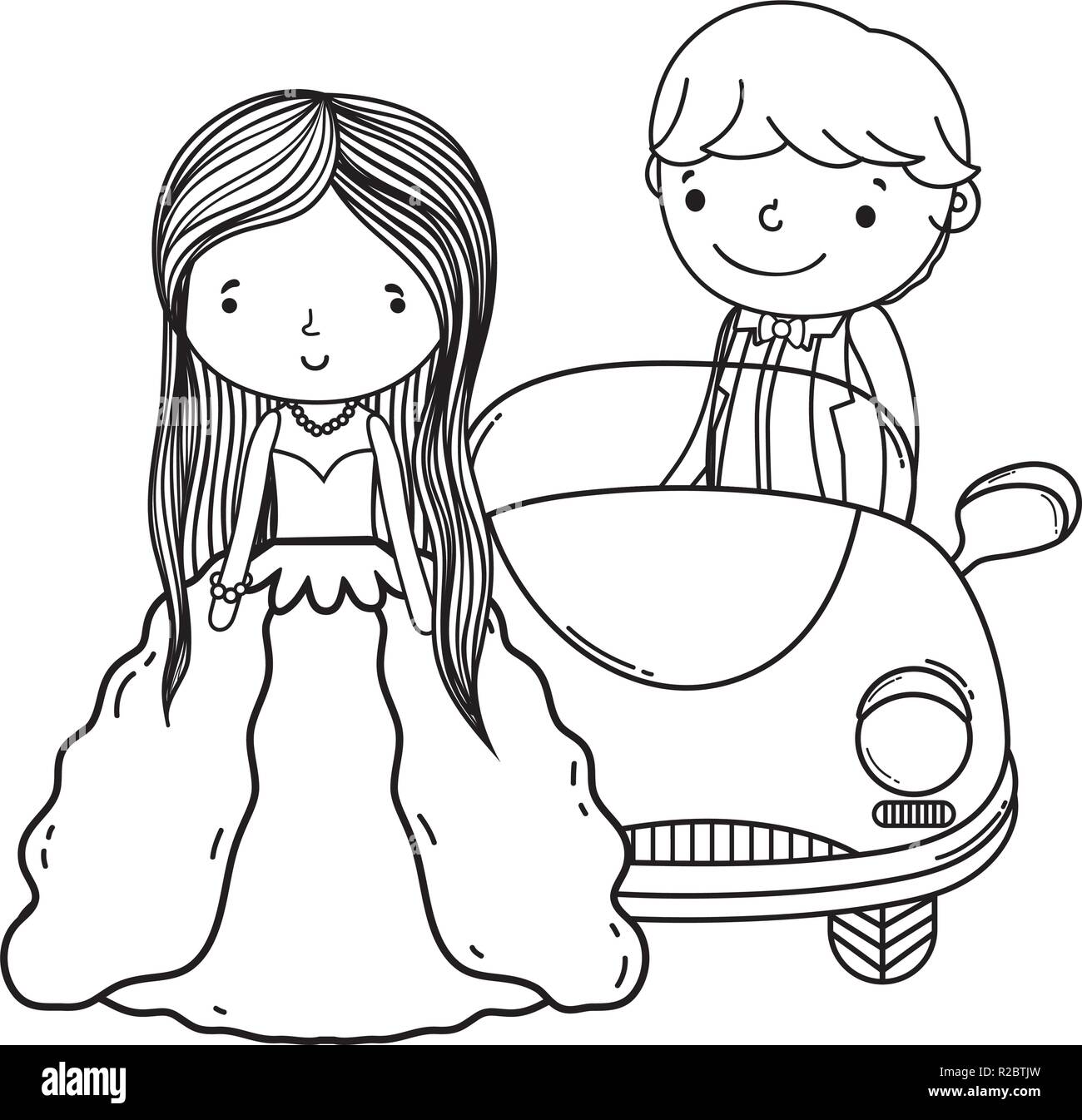 wedding couple and car cute cartoon in black and white Stock ...