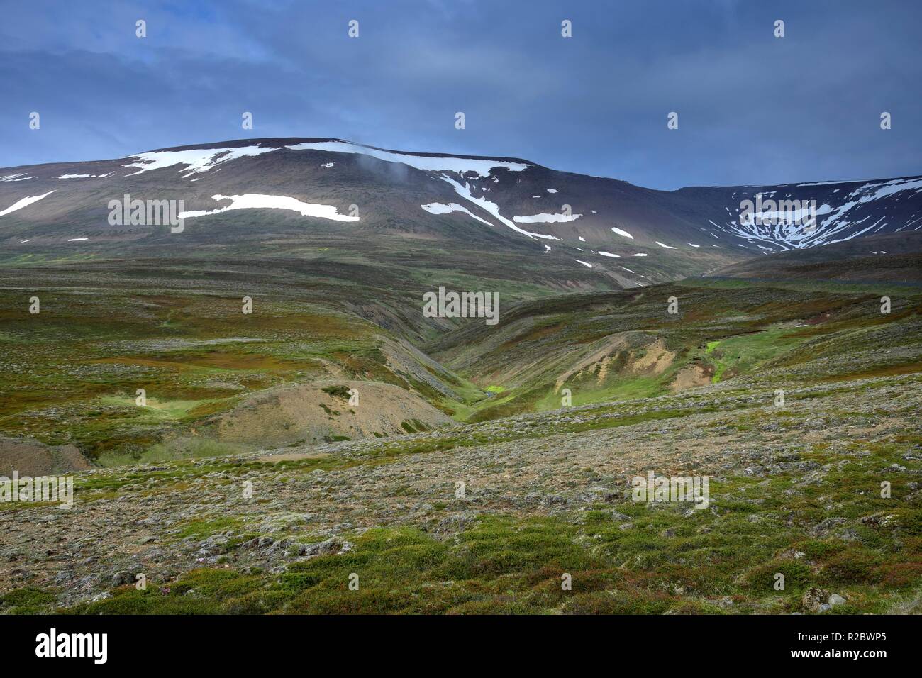 Icelandic landscape with the Tindastoll mountains in the background and barren grassland in the front. Peninsula Skagi. Stock Photo