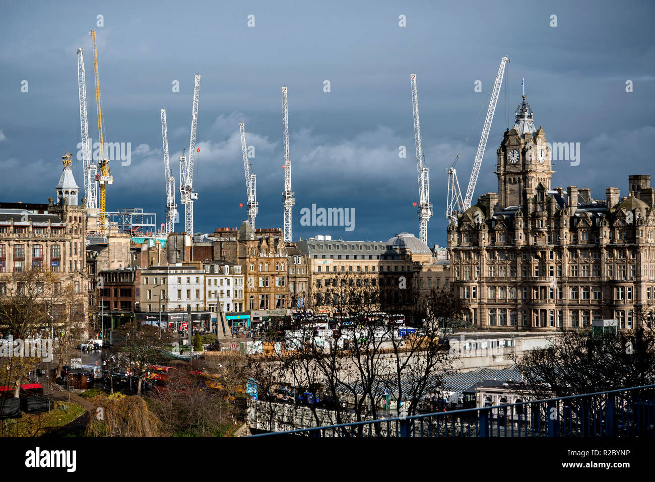 View of the East End of Princes Street with the Balmoral Hotel and the cranes of the St James Centre redevelopment  project on the skyline. Stock Photo