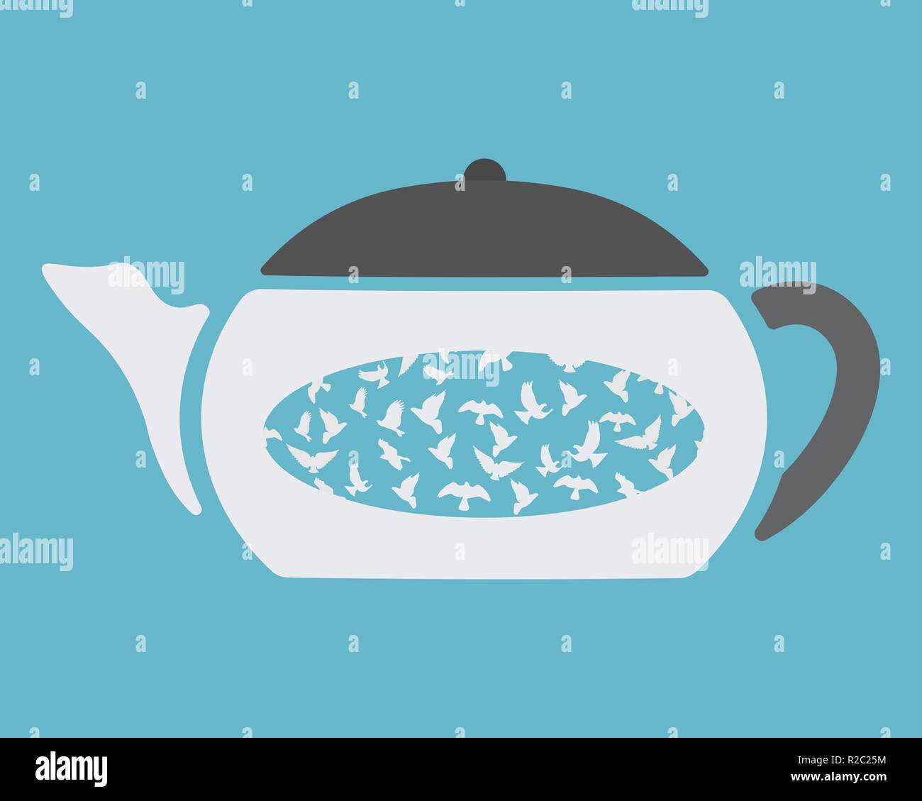 Teapot with birds inside. Vector illustration. Light blue background. Stock Vector