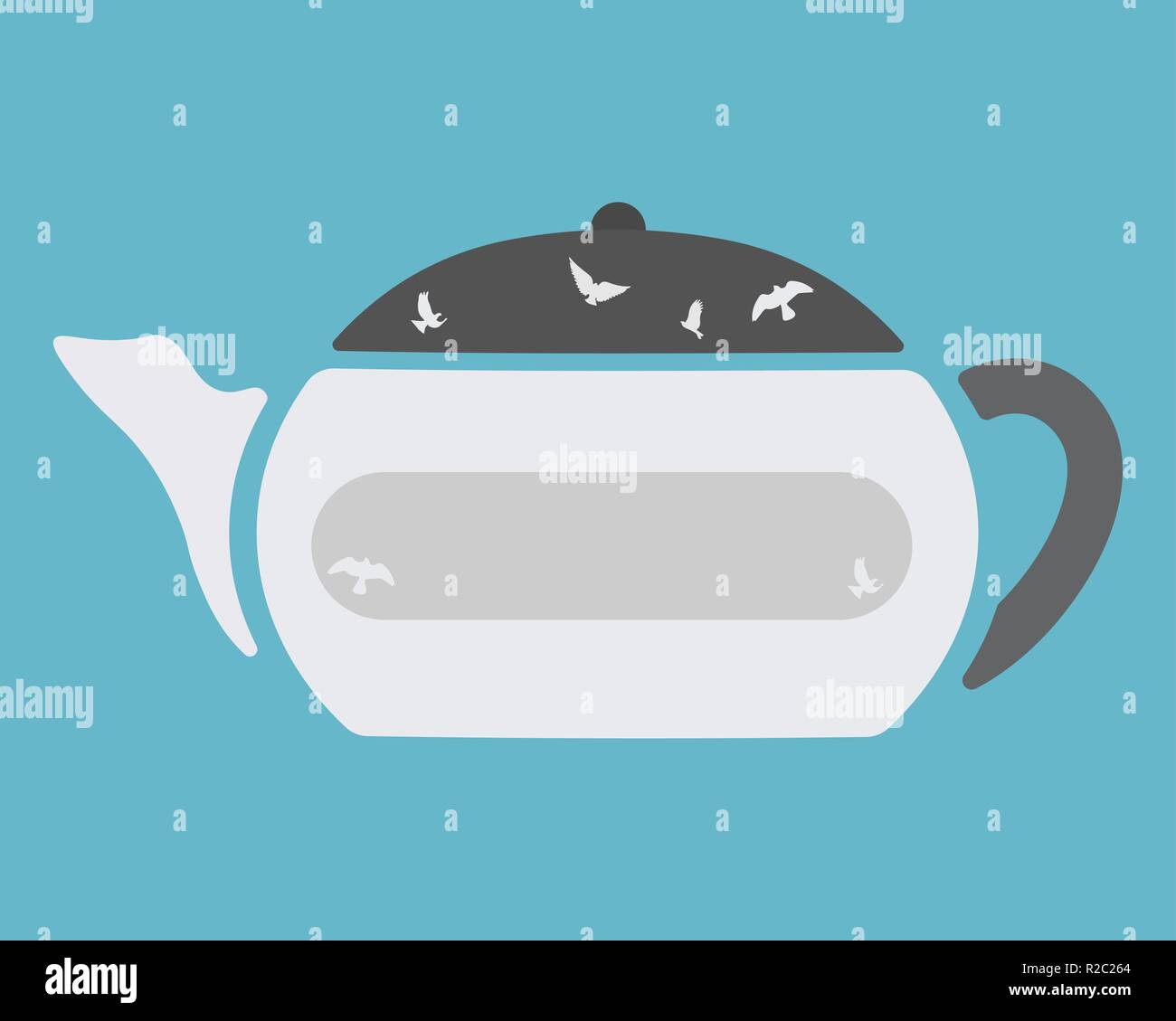 Teapot decorated birds. Vector illustration. Light blue background. Stock Vector