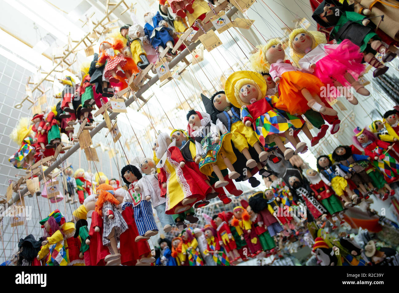 Prague/Czech Republic - June 23rd 2018:  Wooden dolls/puppets for sale Stock Photo