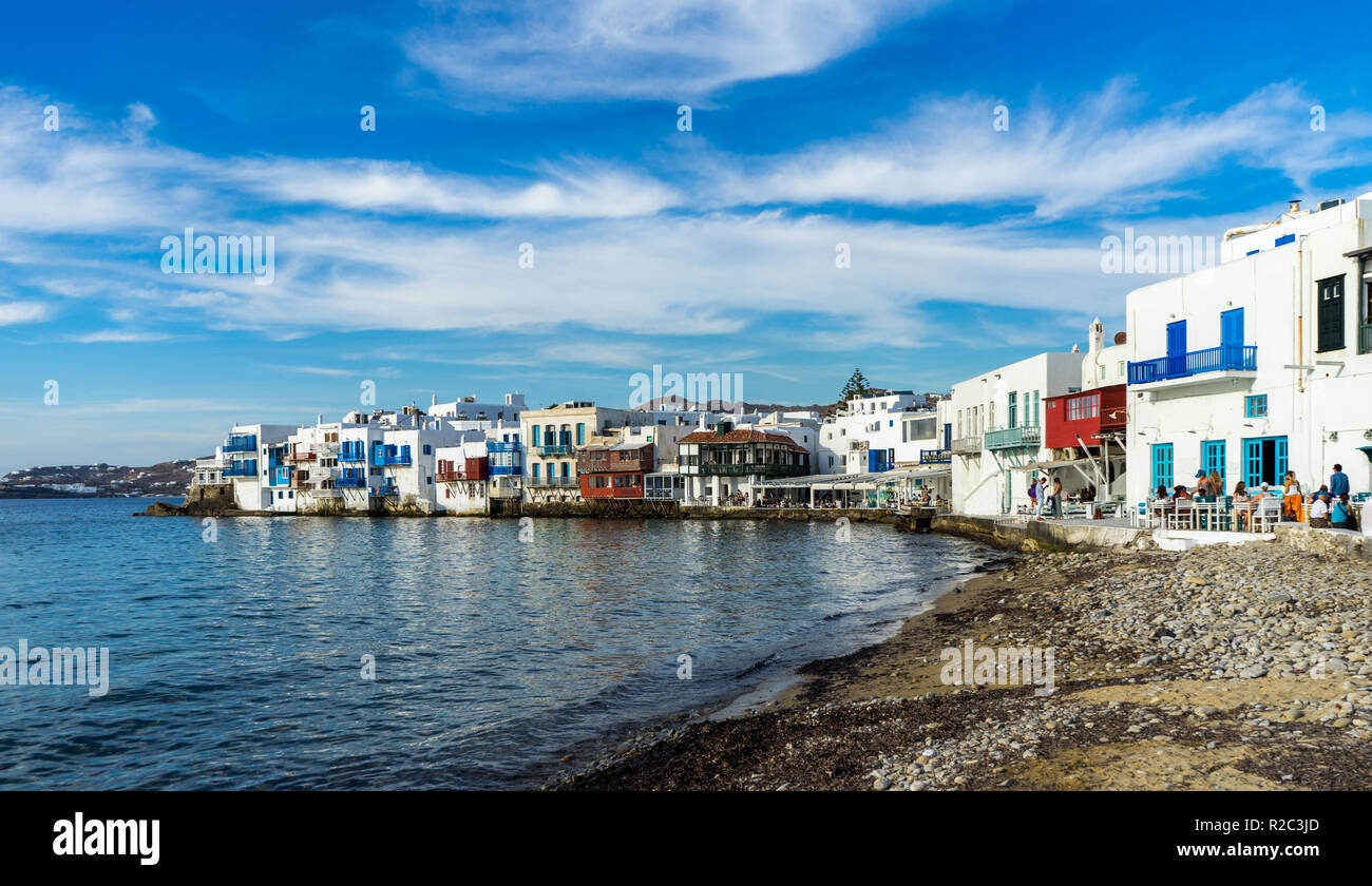 Island of Mykonos, Greece. Picturesque scene from the area called the "Little Venice" due to its resemblance to Venice. Stock Photo