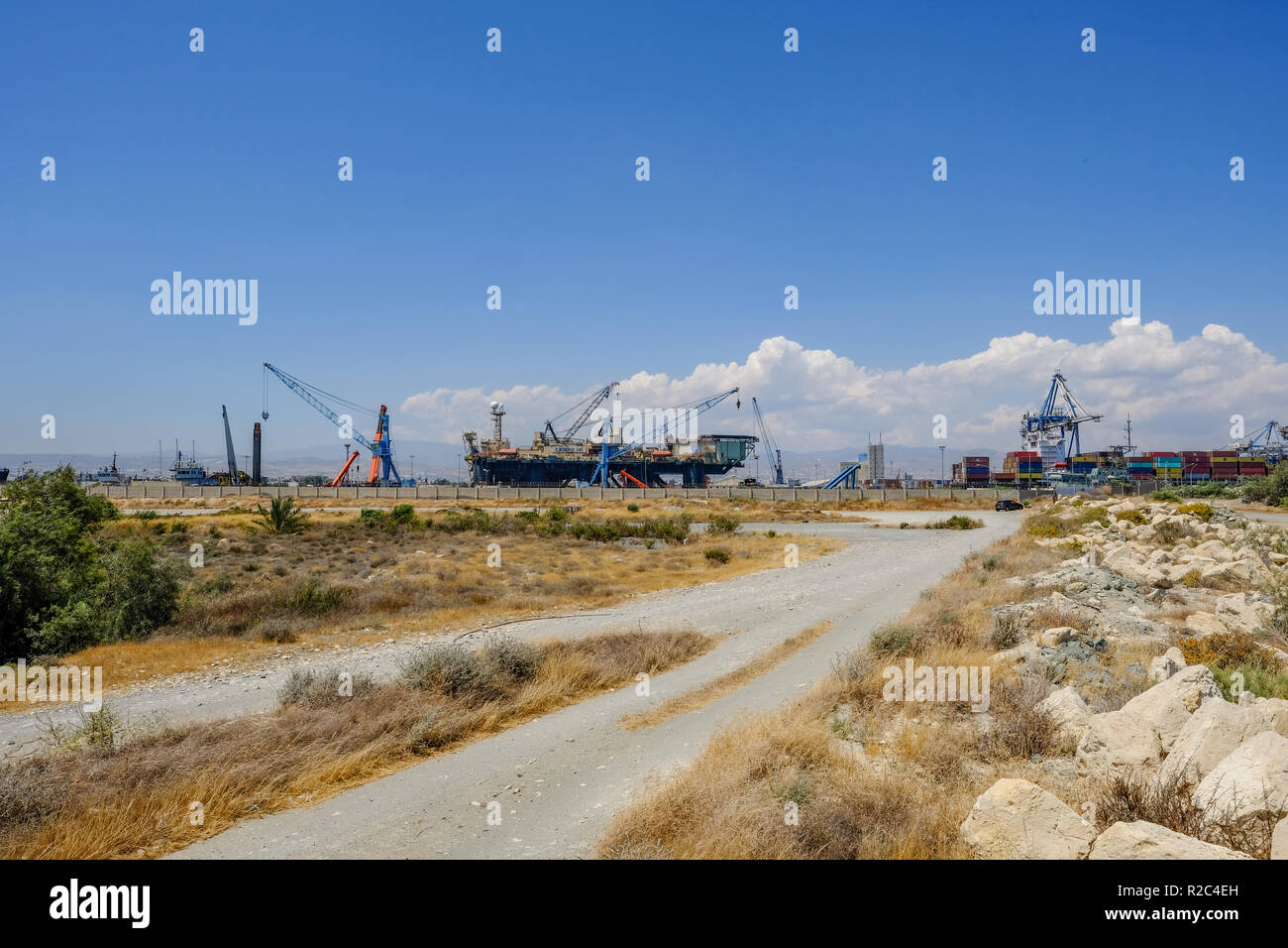 Limassol, Cyprus - June 23, 2018: Castoro Sei, a semi-submersible pipe laying vessel docked in Limassol at the port.  Shot taken on a bright blue sky  Stock Photo