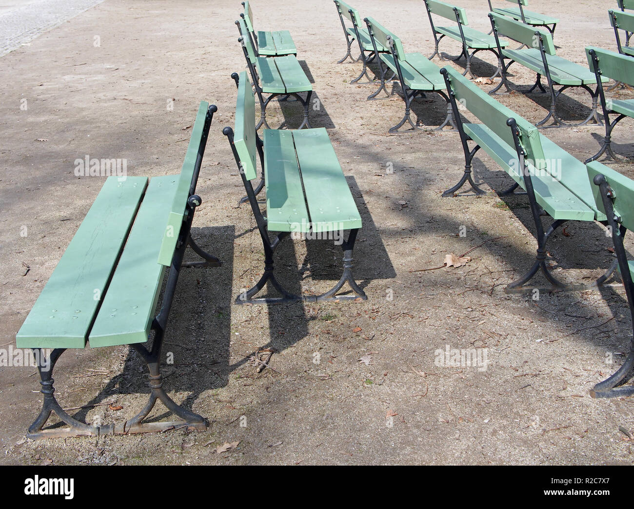 Wooden Benches, a different point of view concept Stock Photo