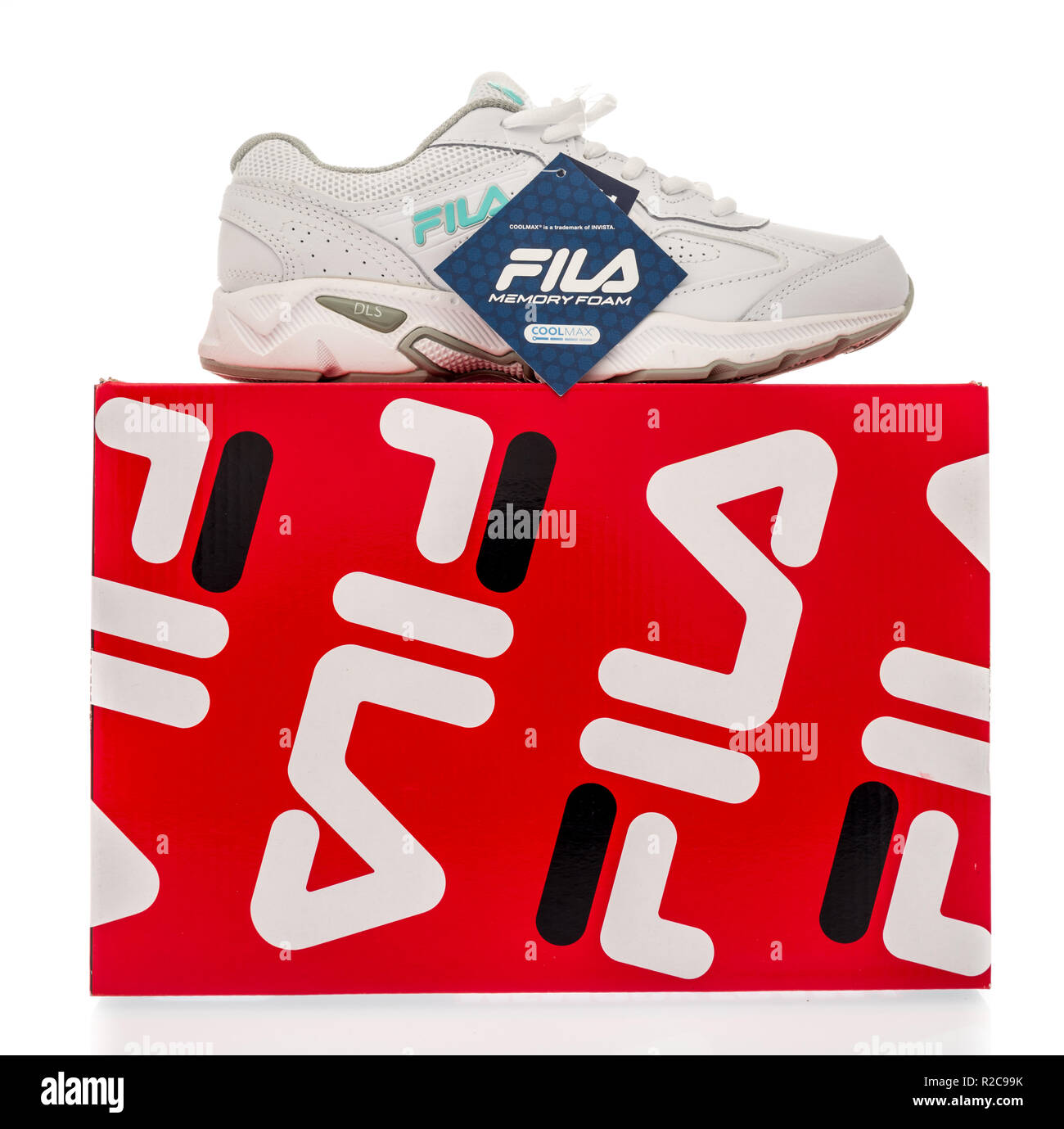 Seraph The beginning In response to the Winneconne, WI - 30 October 2018: A Fila shoebox with a Fila shoe sitting  on top of it on an isolated background Stock Photo - Alamy