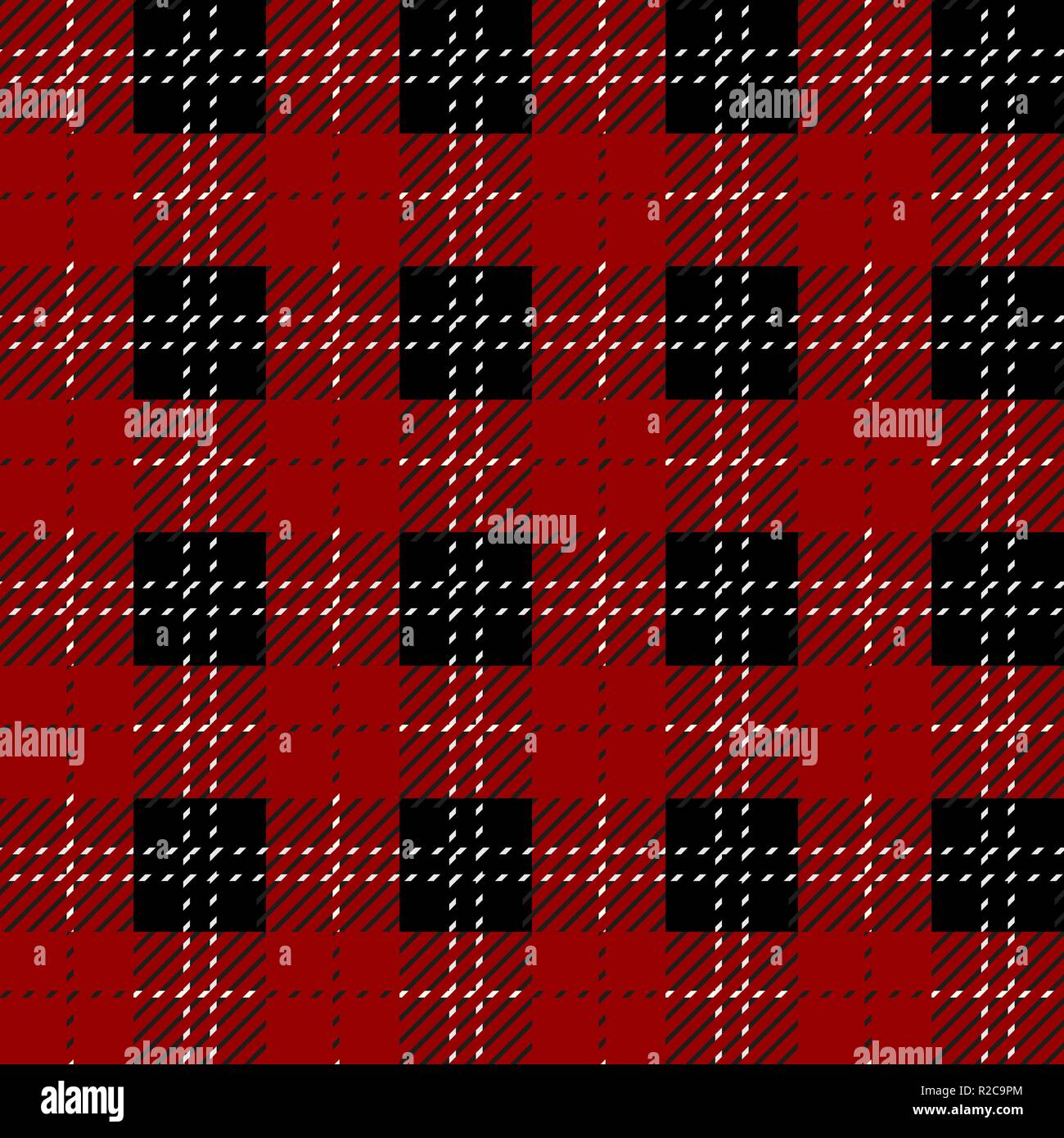 Plaid check pattern in red, black and white. Seamless fabric texture. Stock Vector