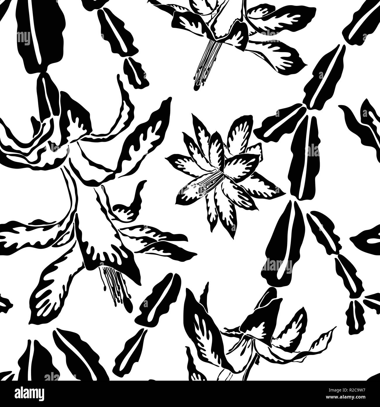 Jumbo large scale blooming Christmas cactus black and white seamless pattern Stock Vector