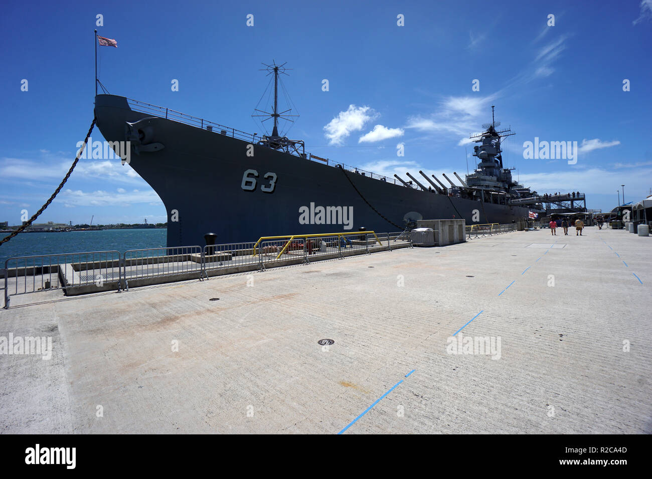 US Navy Battleship USS Missouri moored at Pearl Harbor Stock Photo