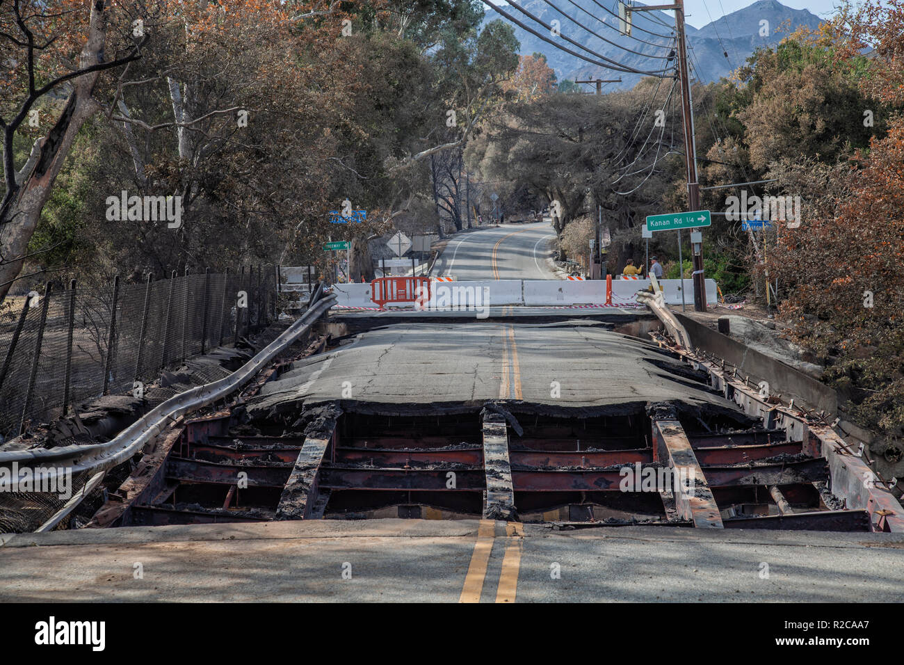 Damaged Bridge along Mulholland HIghway, the steel beams melted from
