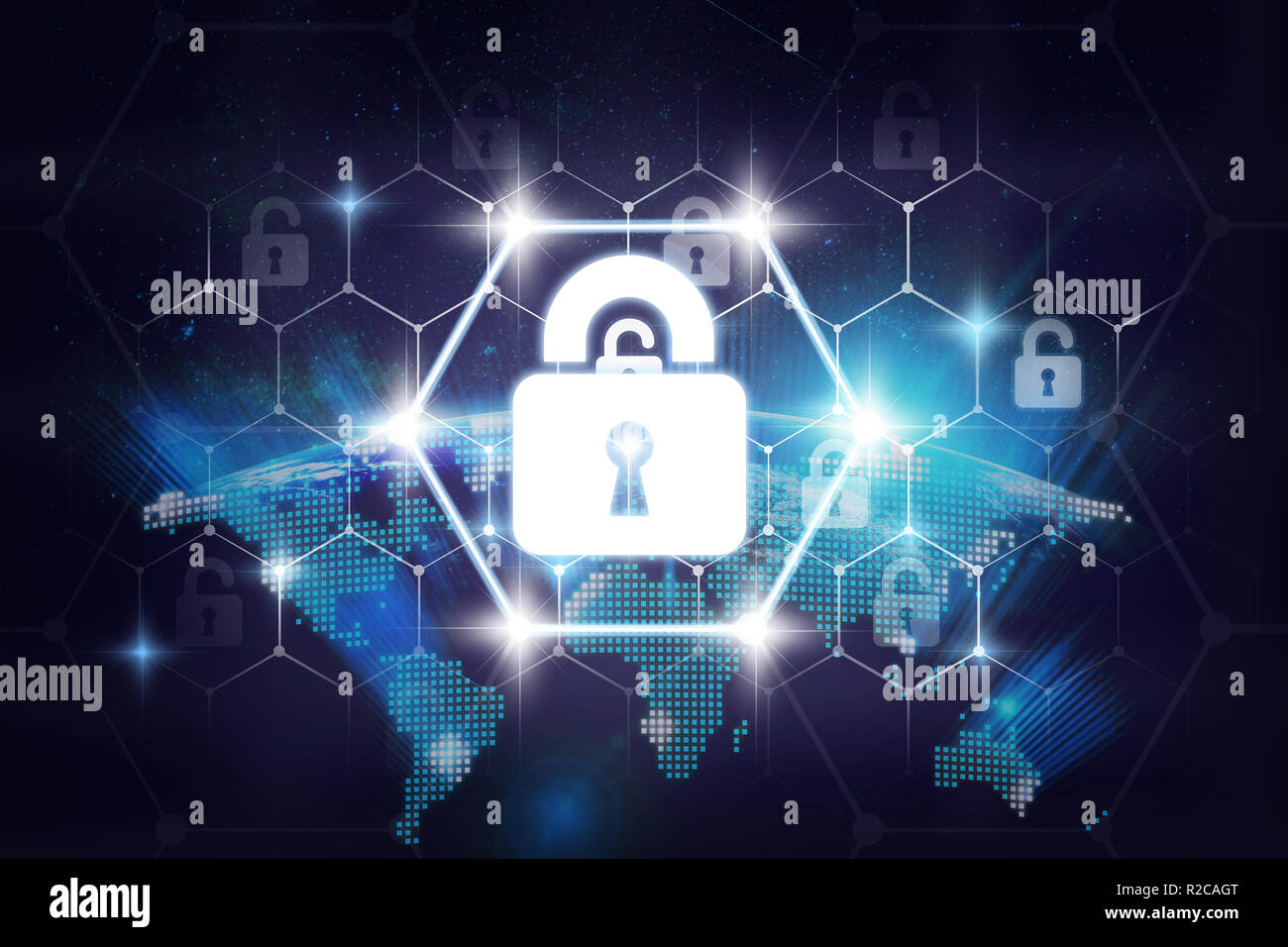 Security key lock icon digital display over the world map and Hexagon ...